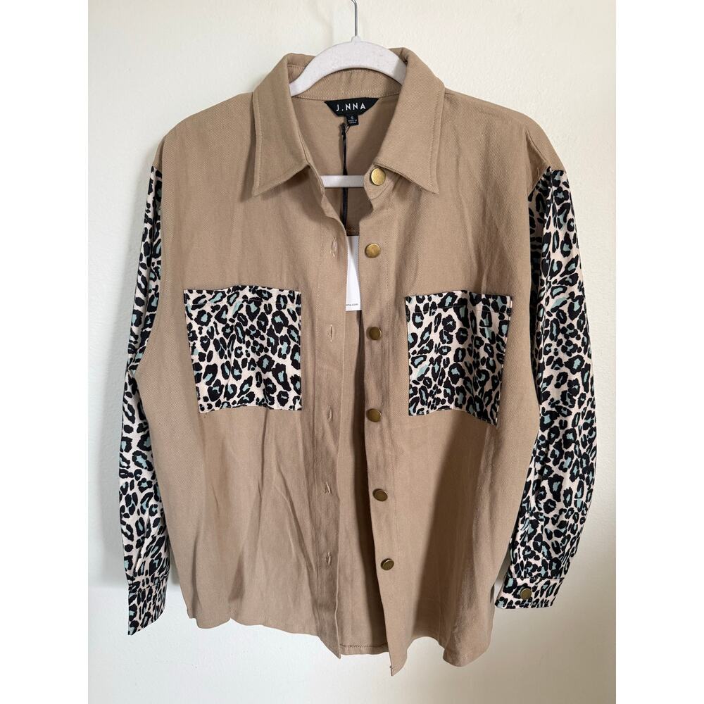 J.NNA Women’s Leopard Patch Pocket Button Shacket Jacket‎ NWT Beige Small S